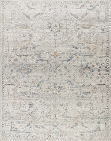 Close-up of the Marlene Damask Off White & Blue Area Rug by Becki Owens x Livabliss. Traditional damask pattern with cream, blue, and rust. Design-Rectangle-71010
