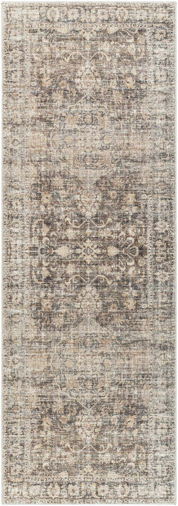 Close-up of the Marlene Medallion Brown Area Rug. Farmhouse style rug with beige, black, and brown traditional medallion pattern. Design-Runner-2773