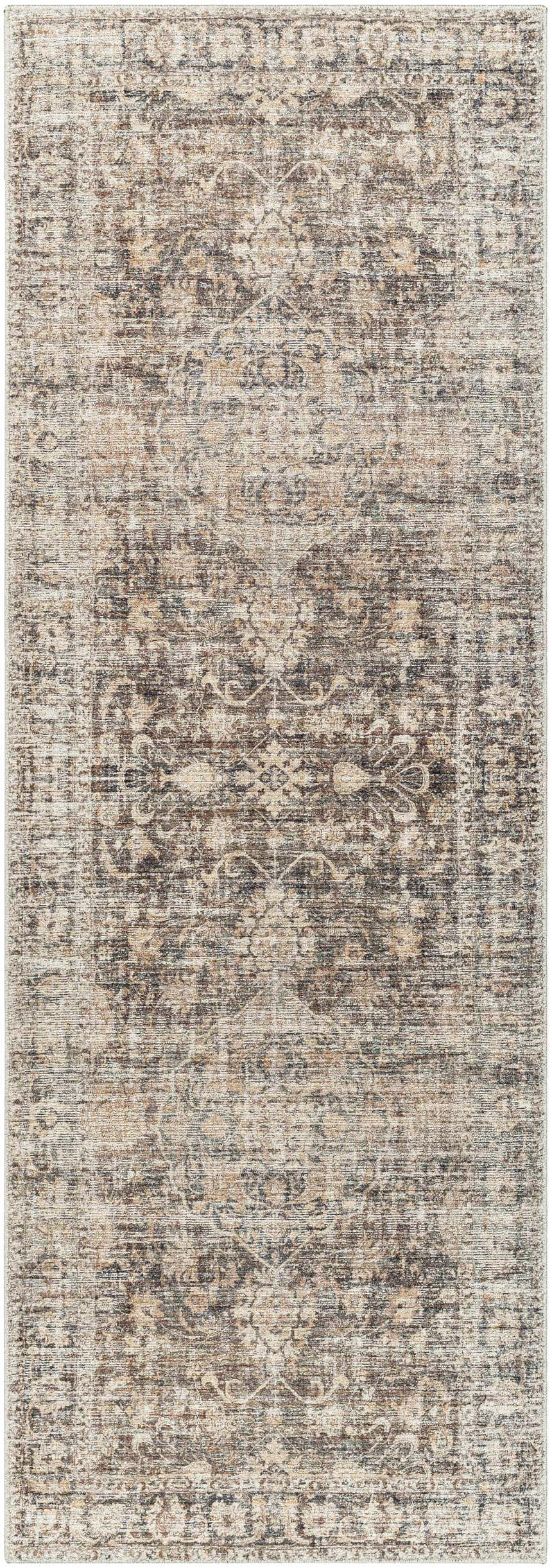 Close-up of the Marlene Medallion Brown Area Rug. Farmhouse style rug with beige, black, and brown traditional medallion pattern. Design-Runner-2773