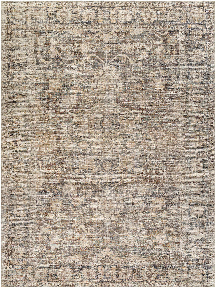 Close-up of the Marlene Medallion Brown Area Rug. Becki Owens x Livabliss rug with beige, brown, and black traditional pattern. Design-Rectangle-9212