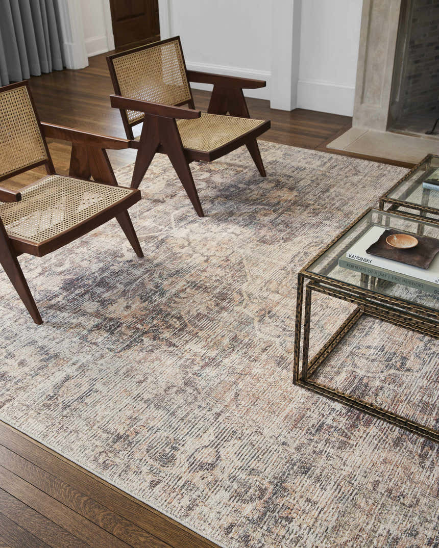 Living room scene with two chairs on a Marlene Medallion Brown Area Rug by Becki Owens x Livabliss. Styleshot