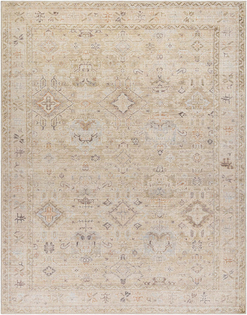 Close-up of the Marlene Damask Light Brown Area Rug by Becki Owens x Livabliss, featuring a traditional cream and brown pattern. Design-Rectangle-71010