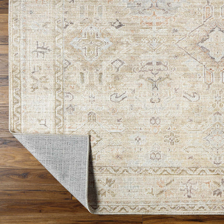 Close-up of Marlene Damask Light Brown Area Rug featuring a traditional cream, brown, and coral pattern. Fold