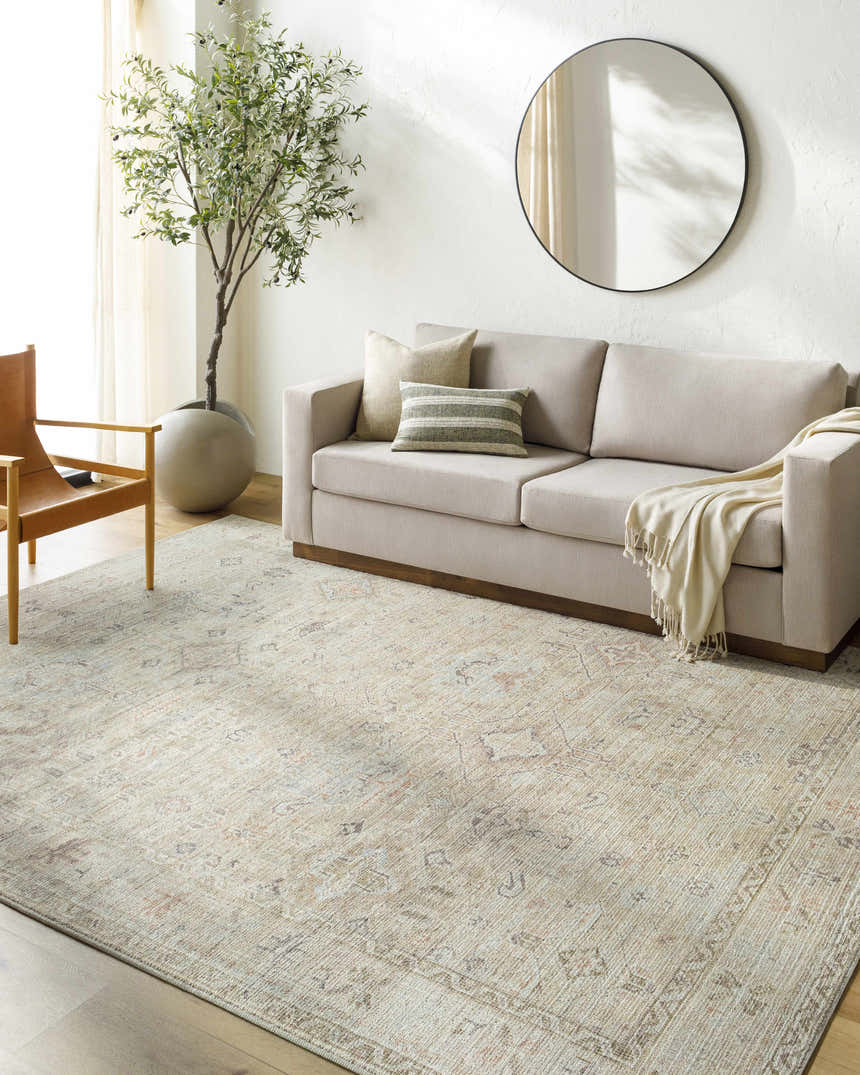 Living room with a Marlene Damask Light Brown Area Rug, beige sofa, round mirror, and potted tree. Farmhouse style. Roomscene-Rectangle