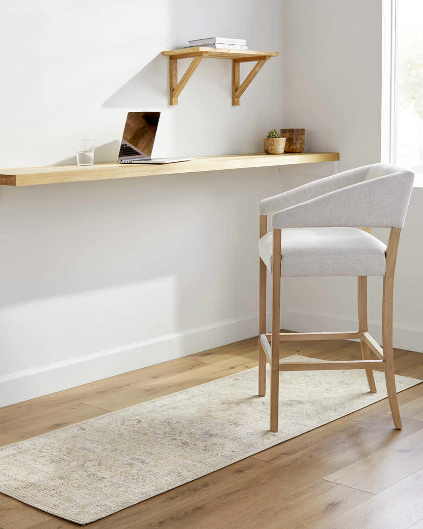 Home office with Marlene Damask Light Brown runner rug, wood desk, and chair. Neutral tones create a calm, inviting workspace. Roomscene-Runner