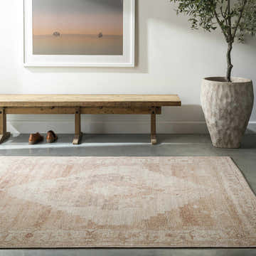 Entryway scene with a Luca Medallion Dusty Pink Area Rug, wooden bench, potted tree, and art print. Farmhouse style. Roomscene-Rectangle
