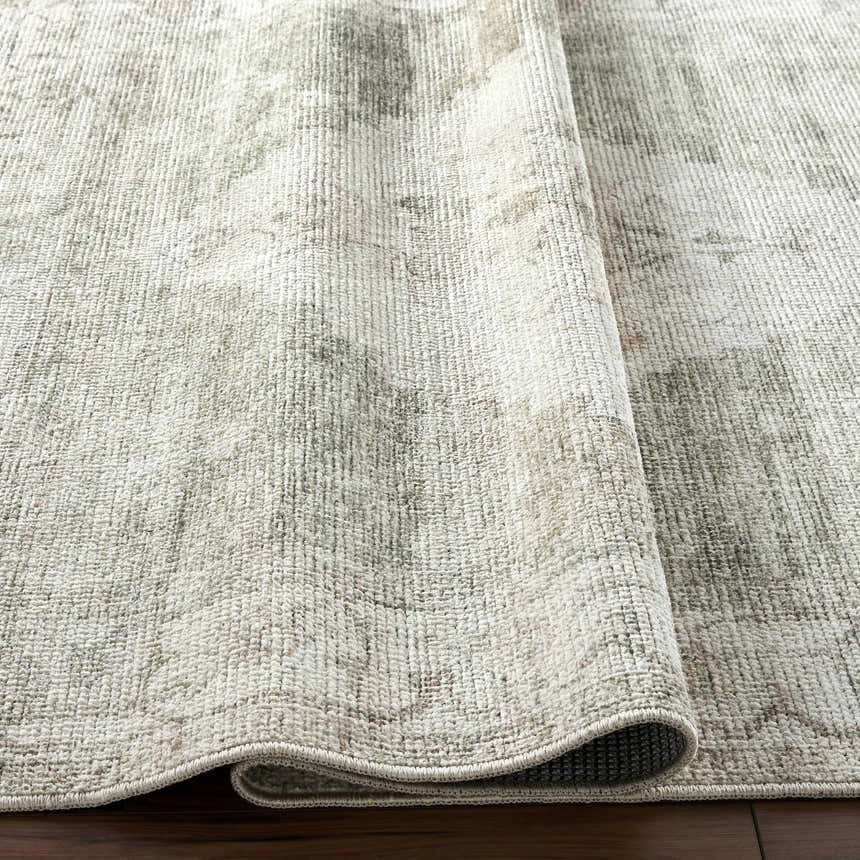 Close-up of the Luca Medallion Olive Area Rug showing its beige, bone, and gray farmhouse traditional design. Fold