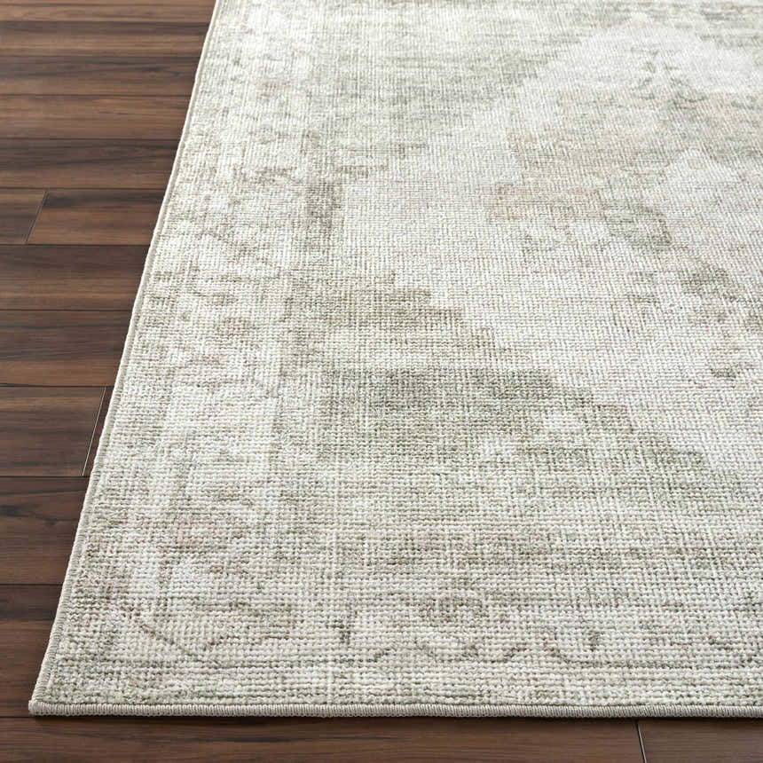 Close-up of the Luca Medallion Olive Area Rug showing its beige, gray, and olive traditional pattern and woven texture. Front