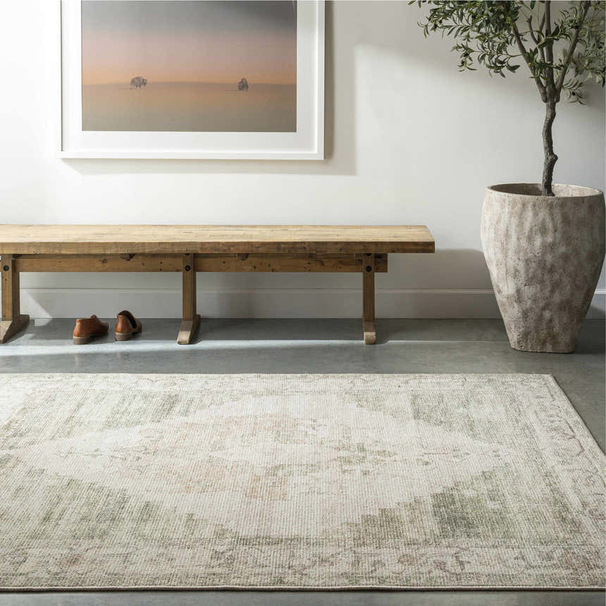 Entryway with a Luca Medallion Olive Area Rug, wooden bench, olive tree in a pot, and artwork featuring bison. Roomscene-Rectangle