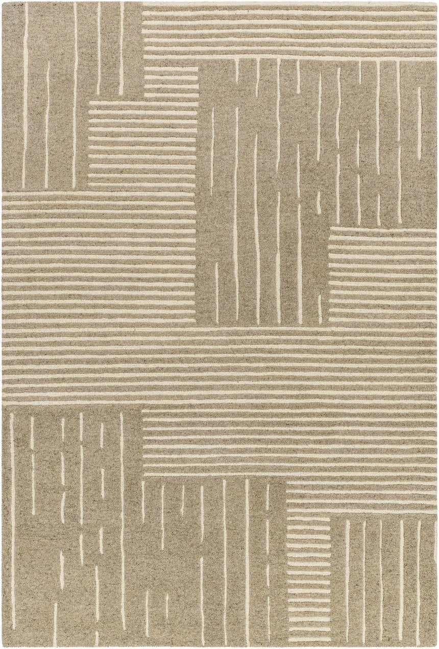 Close-up of the Akuji Area Rug showcasing a contemporary geometric pattern in light peach and medium gray wool. Design-Rectangle-576