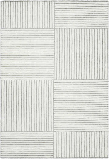 Close-up of Coyne Cream Area Rug. Hand-tufted wool rug with a contemporary block design in cream and medium gray stripes. Design-Rectangle-576