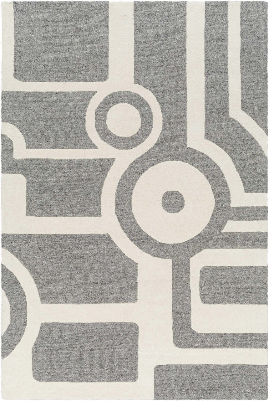 Close-up of the Daryl Area Rug. Hand-tufted wool rug in gray and white with a contemporary geometric pattern. Design-Rectangle-576
