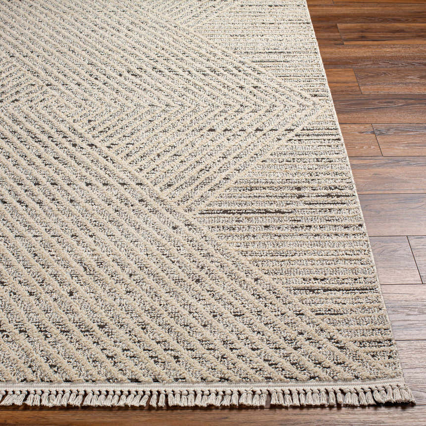 Close-up of the Brita Area Rug in bone and brown with a geometric pattern and fringe, on dark wood flooring. Front