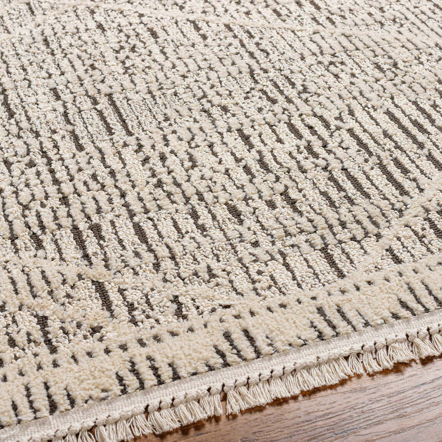 Close-up of the Luuk Area Rug showing its ivory and dark brown geometric pattern and soft, textured pile. Texture