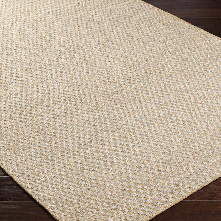 Close-up of the Ayers Beige & Gray Area Rug showing its woven texture and geometric pattern on a dark wood floor. Corner