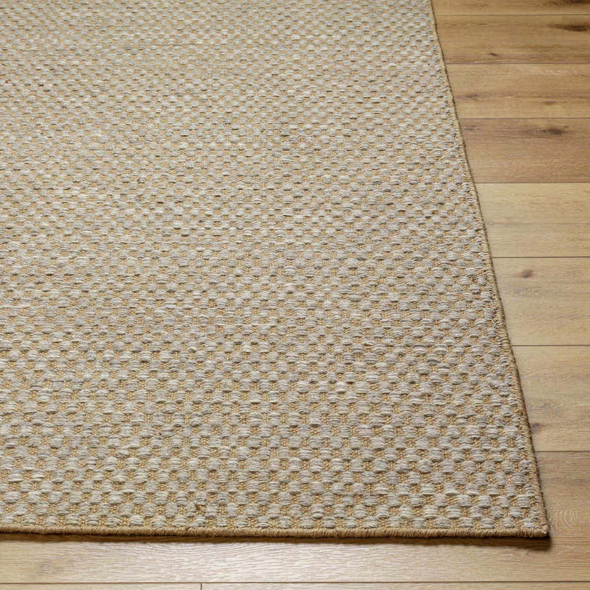 Close-up of the Ayers Beige & Gray Area Rug showing its woven geometric pattern and jute/wool texture on wood floors. Front
