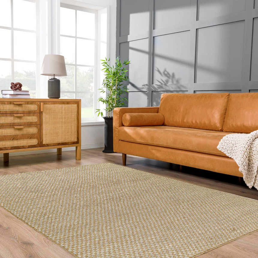 Living room scene with tan leather sofa and Ayers Beige & Gray Area Rug. Modern farmhouse style. Roomscene-Rectangle