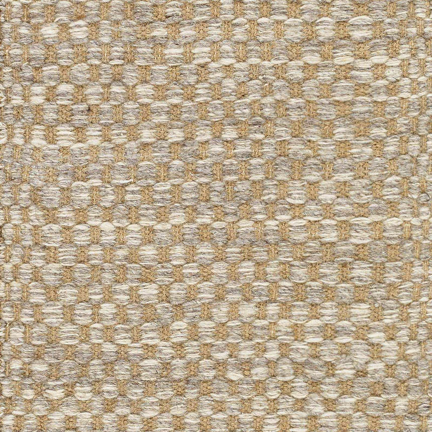 Close-up of the hand-woven Ayers Beige & Gray Area Rug, showing its geometric pattern and jute-wool texture. Swatch