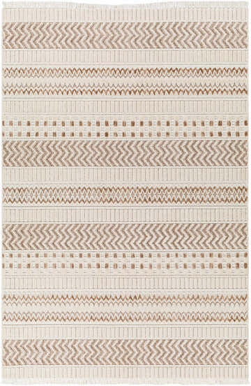 Close-up of Eiko Beige Textured Saxony Rug with Fringes. Farmhouse style with geometric driftwood and bone pattern. Design-Rectangle-5373