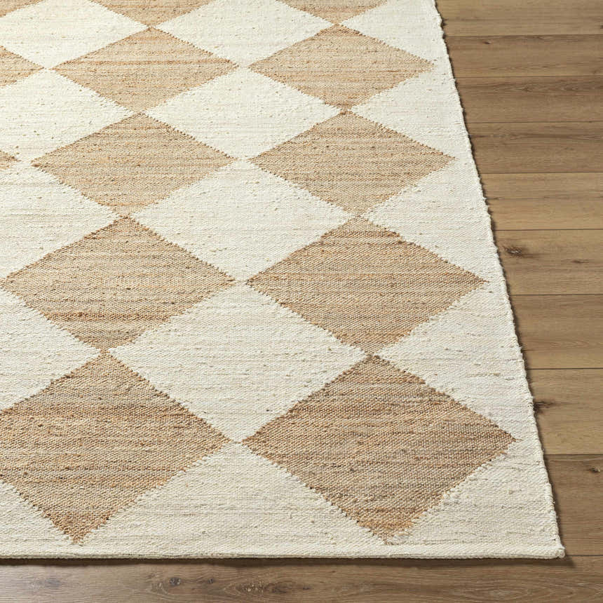 Close-up of the Sondo Beige Area Rug. Hand-woven cotton and jute rug with a beige and light wood diamond pattern. Front