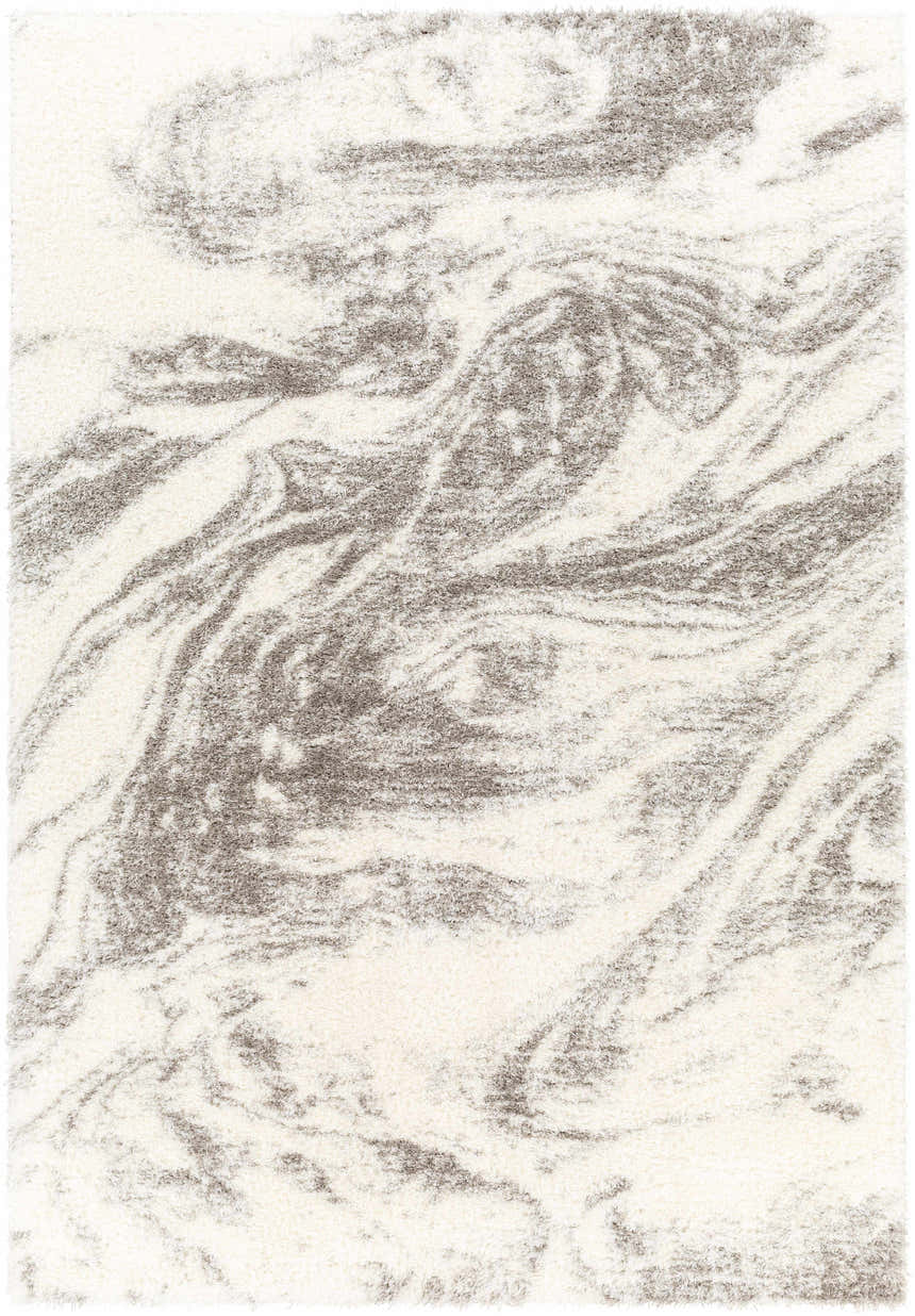 Close-up of the Delma Area Rug, a shag rug with a marbled cloud gray and off-white pattern. Design-Rectangle-537