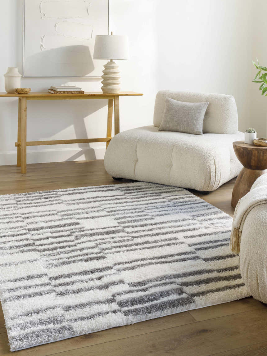 Living room scene with a neutral palette and the gray and off white Kuron Area Rug. Roomscene-Rectangle