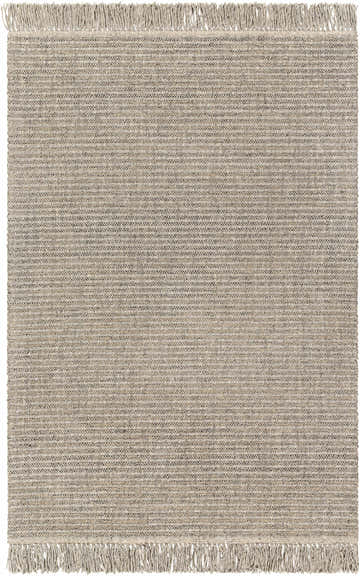 Close-up of the Desma Taupe Area Rug showing its woven texture, fringe, and neutral shades of brown and gray. Design-Rectangle-576
