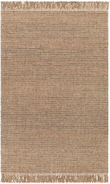 Close-up of the Desma Tan Area Rug. Hand-loomed rug with a light brown woven texture and fringe. Farmhouse style. Design-Rectangle-576