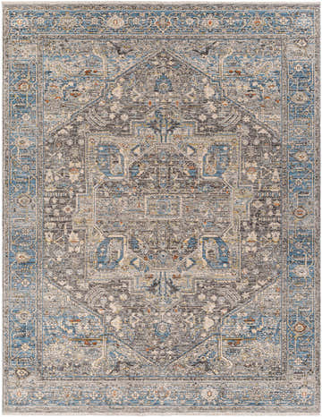 Detailed pattern of the Alina Area Rug in dark gray, ink, blue, brown, and natural gray. Traditional farmhouse style. Design-Rectangle-71010