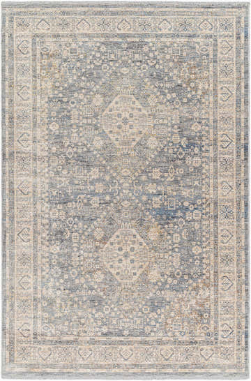 Detailed Artan Area Rug with traditional design in light gray, dark gray, and blue tones. Machine woven polyester rug. Design-Rectangle-579