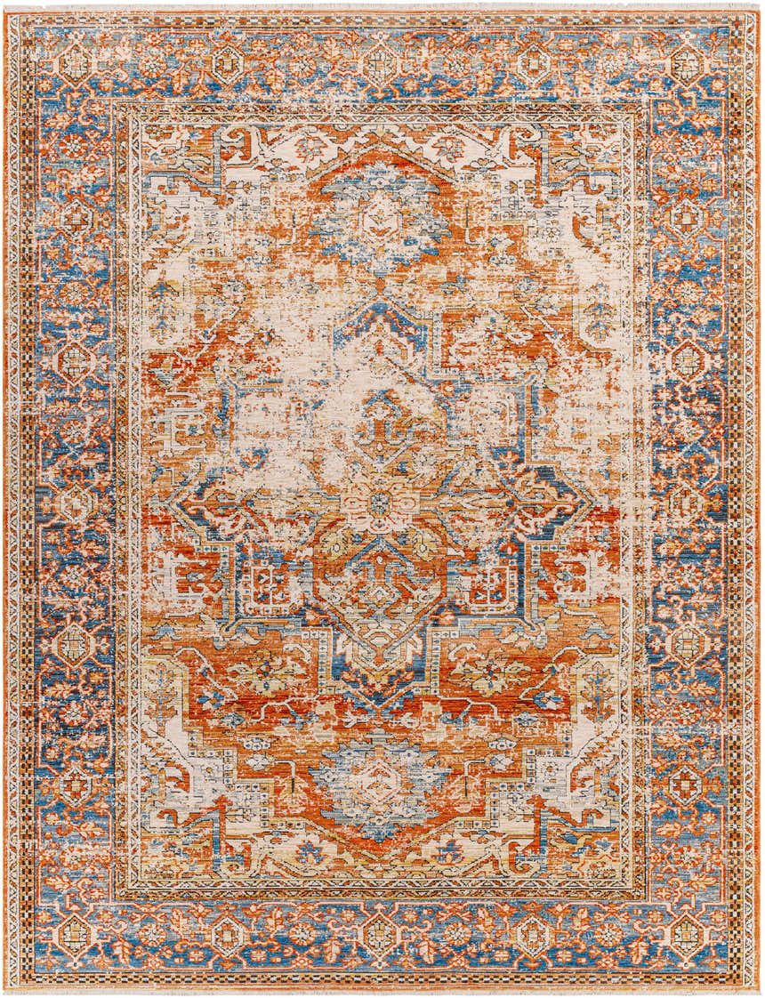 Close-up of the Basim Area Rug. Traditional, farmhouse style rug in bone, charcoal, copper, khaki and rust colors. Design-Rectangle-71010