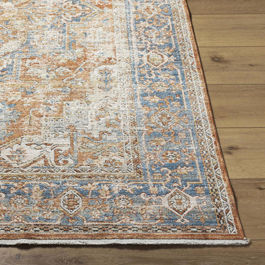 Close-up of the Basim Area Rug showing its traditional bone, charcoal, copper, and rust colored pattern and soft texture. Front
