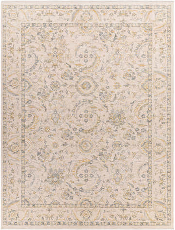 Close-up of the Clee Area Rug in driftwood, gray, lambswool, and nutmeg. Traditional floral pattern. Design-Rectangle-71010