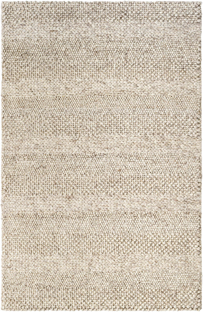 Close-up of the Mitzy Area Rug. Hand-woven, beige wool rug with a textured, nubby design and subtle stripe detail. Design-Rectangle-576
