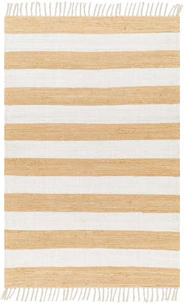 Close-up of the hand woven Moby Area Rug. Beige and white stripes with fringe. Farmhouse style. Design-Rectangle-576