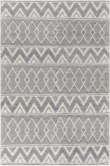 Close-up of the hand woven Evita Area Rug. Dark gray, light gray geometric pattern. Farmhouse, Scandinavian style. Design-Rectangle-576