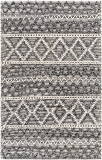 Close-up of the hand woven Yuka Area Rug. Dark gray and natural gray geometric pattern with textured recycled PET yarn. Design-Rectangle-576