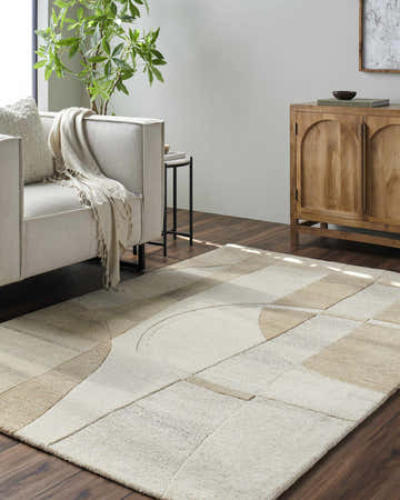 Living room scene with a beige sofa and the beige and tan Sapir Area Rug. Roomscene-Rectangle