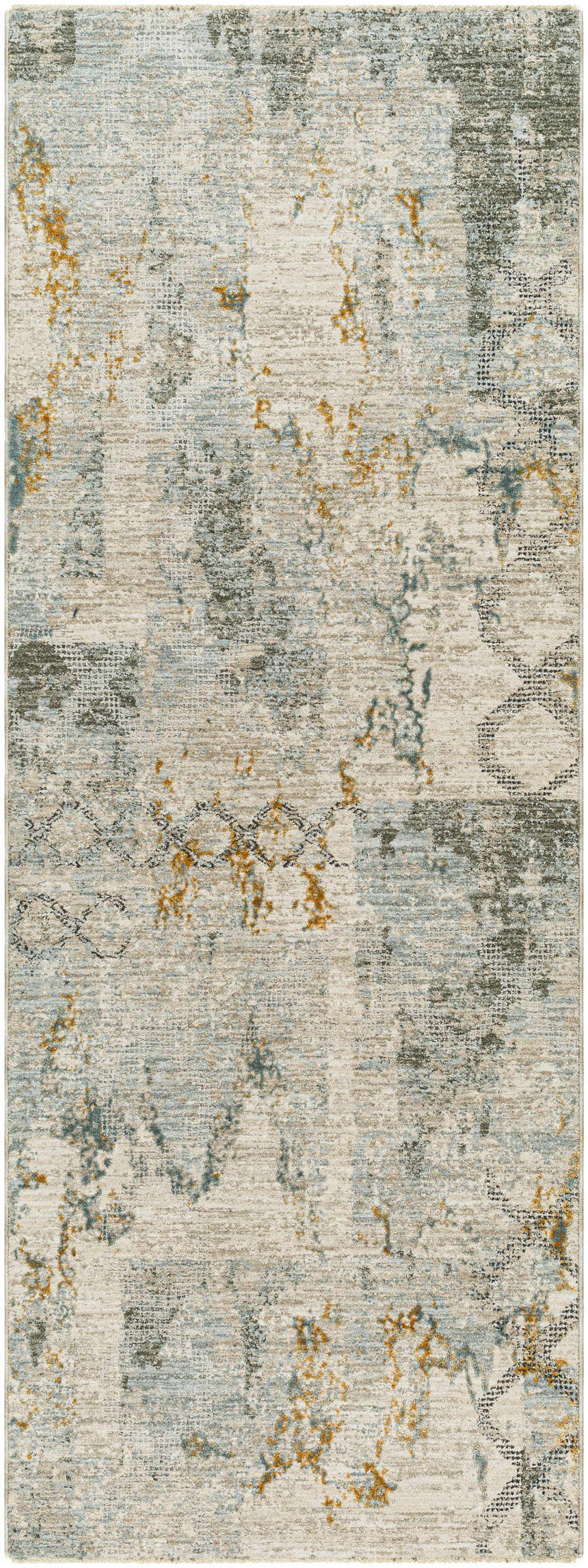 Close-up of the Adlai Textured Rug. Contemporary design with dusty sage, ink blue, mustard, and off-white colors. Design-Runner-2710
