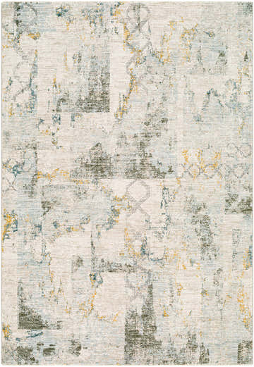 Close-up of the Adlai Textured Rug with Fringes. Features a contemporary abstract pattern in off-white, blue, mustard and gray tones. Design-Rectangle-575