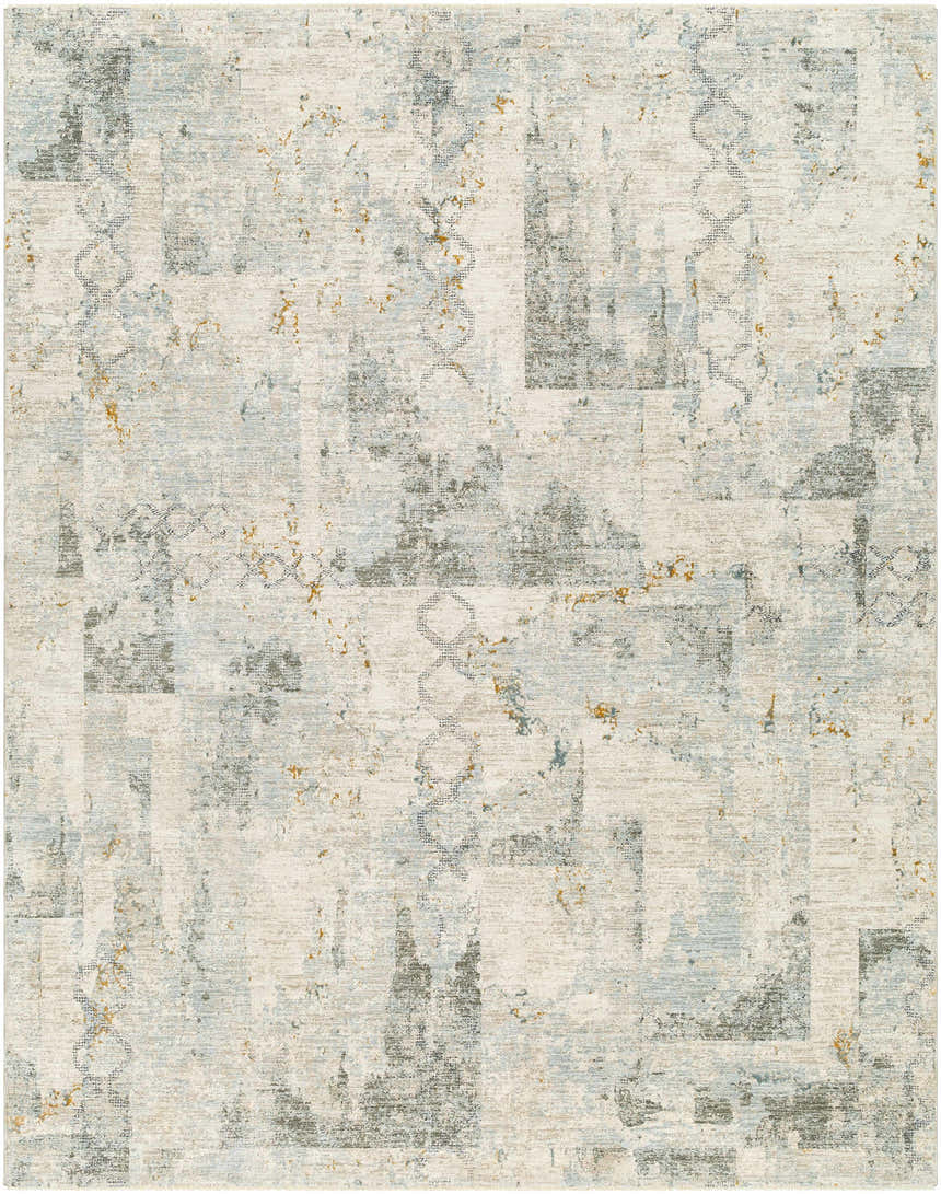 Close-up of the Adlai Textured Rug. Contemporary design in off white, light gray, ink blue, and mustard colors. Design-Rectangle-710103