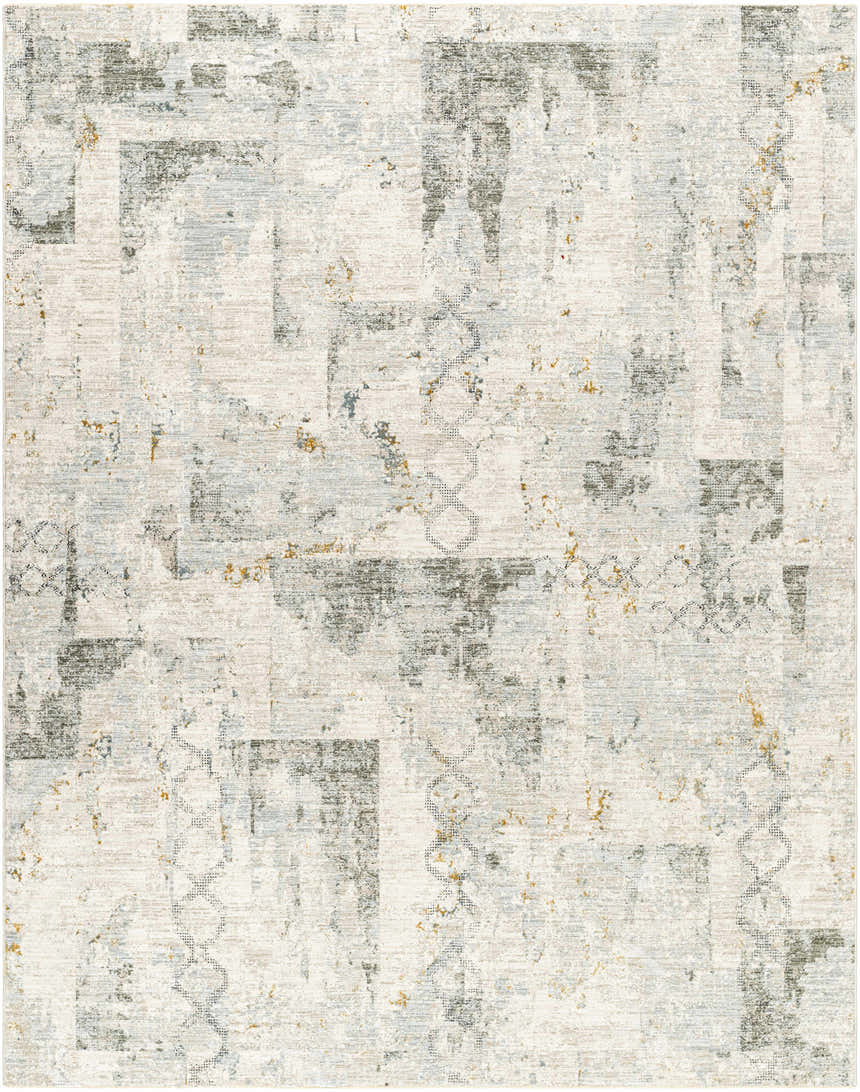 Close-up of the Adlai Textured Rug with Fringes. Features a contemporary design in dusty sage, gray, and off-white hues. Design-Rectangle-710103