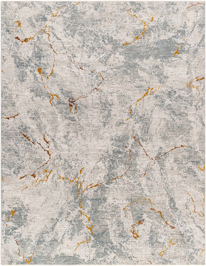 Close-up of the Asena Textured Rug. Features caramel, gray, and copper abstract patterns. Machine woven polyester. Design-Rectangle-710103