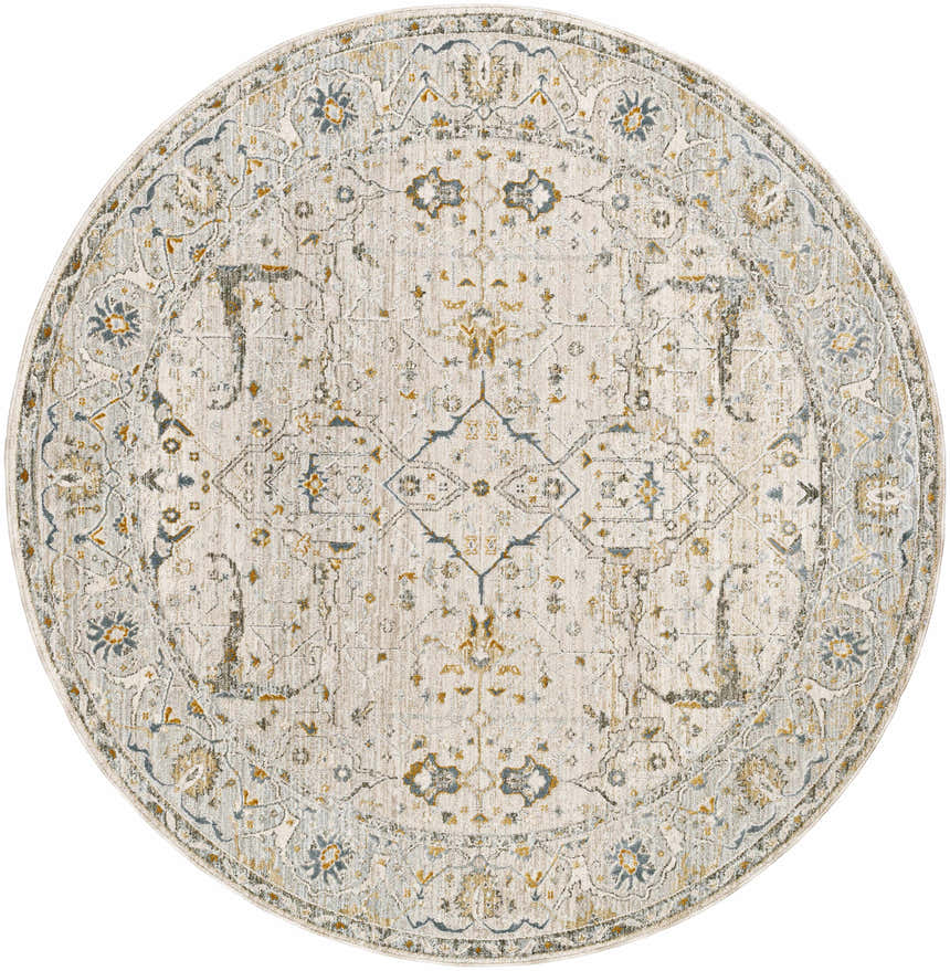 Round Aviva Off-White Textured Rug with Fringes. Traditional style rug with dusty sage, light gray, and mustard floral pattern. Design-Round-53