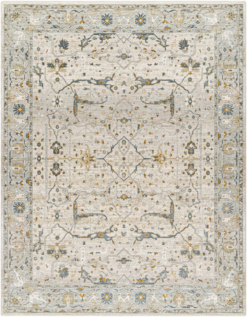 Detailed view of the Aviva Off-White Textured Rug with Fringes, showcasing its traditional floral pattern and soft gray, blue, and mustard hues. Design-Rectangle-710103