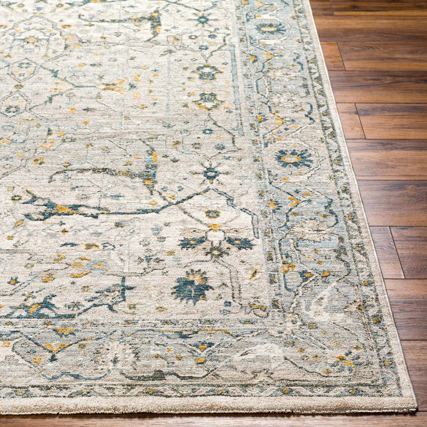 Close-up of the Aviva Off-White Textured Rug with Fringes, showcasing its traditional pattern and colors like dusty sage, gray, and mustard. Front