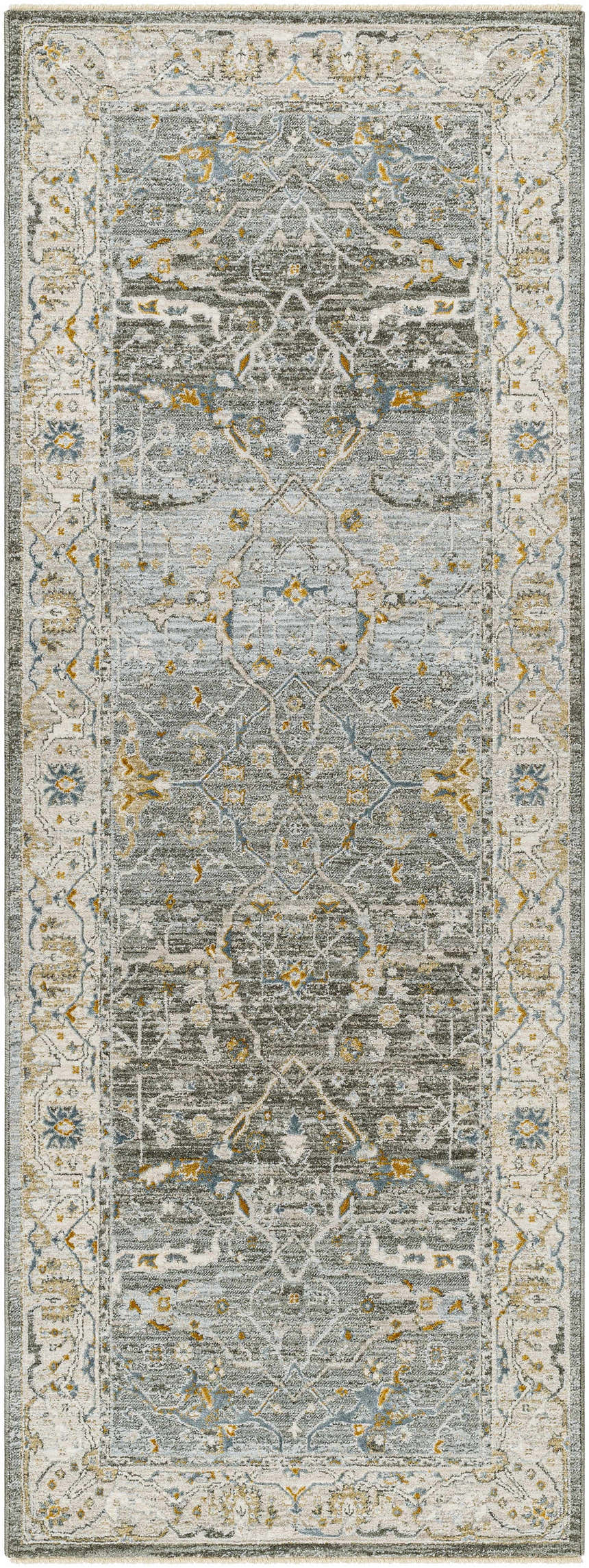 Detailed close-up of the Aviva Teal Textured Rug with Fringes, showcasing its traditional pattern, teal, gray, and mustard colors. Design-Runner-2710