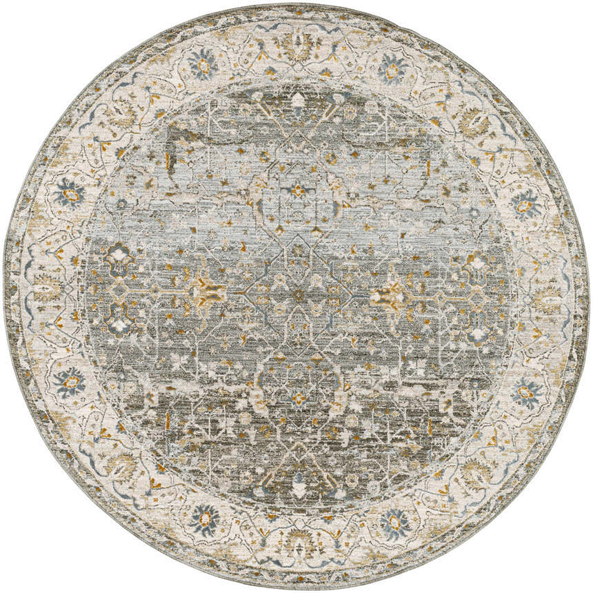 Close-up of round Aviva Teal Textured Rug. Features traditional floral pattern in teal, gray, mustard, and off-white hues. Design-Round-53