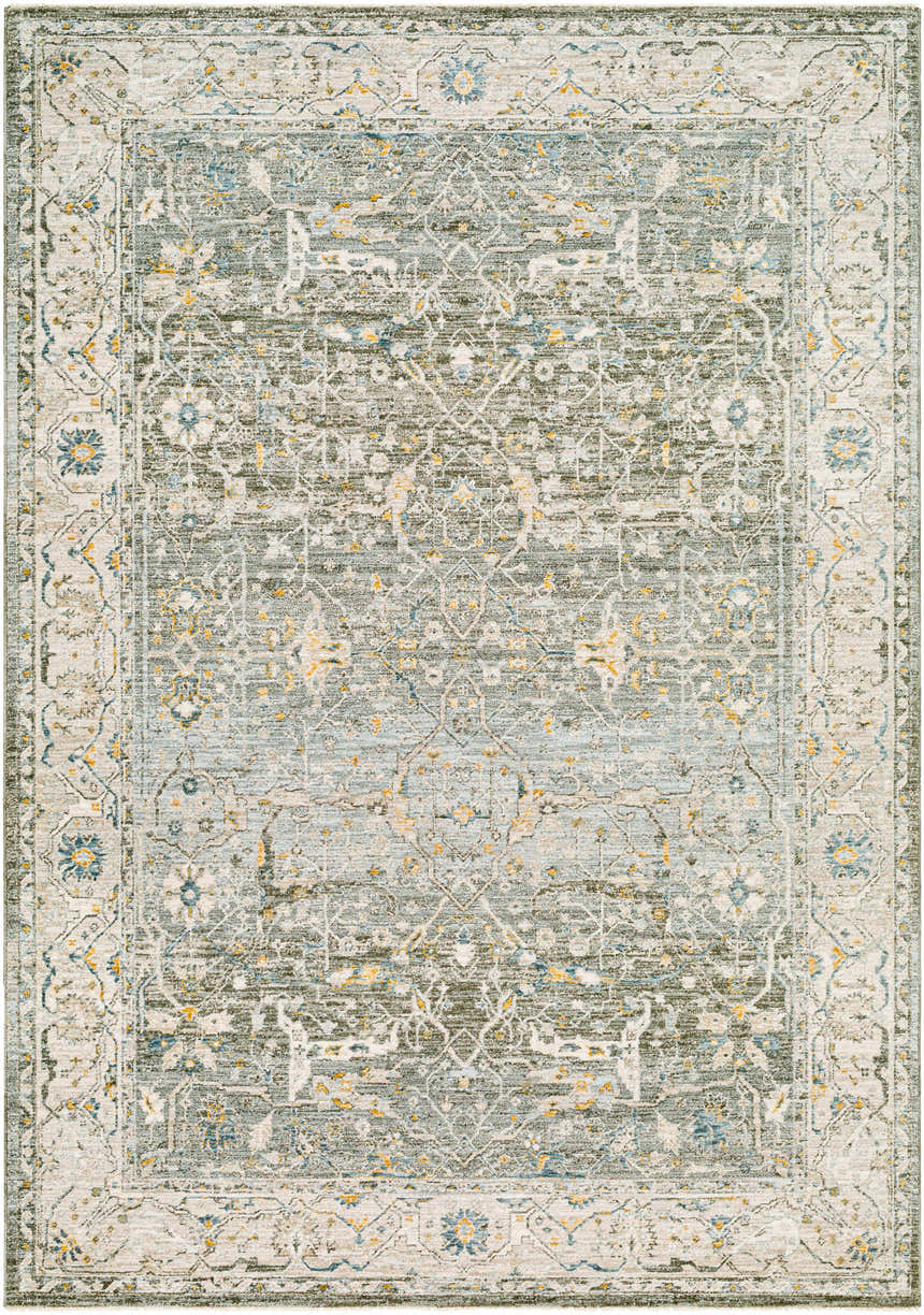 Detailed view of the Aviva Teal Textured Rug with a traditional floral and geometric pattern. Design-Rectangle-575