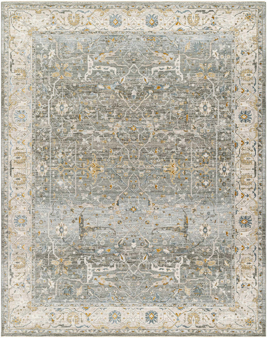 Detailed view of the Aviva Teal Textured Rug with a traditional floral pattern and fringe border. Design-Rectangle-710103